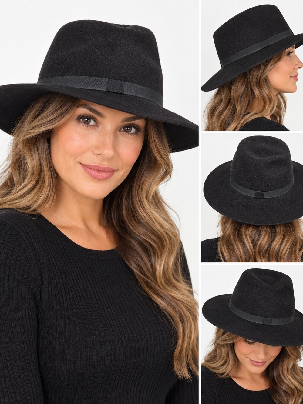 August Hat Company Black 100% Polyester Wide Brim Fedora Hat Ribbon Band Women